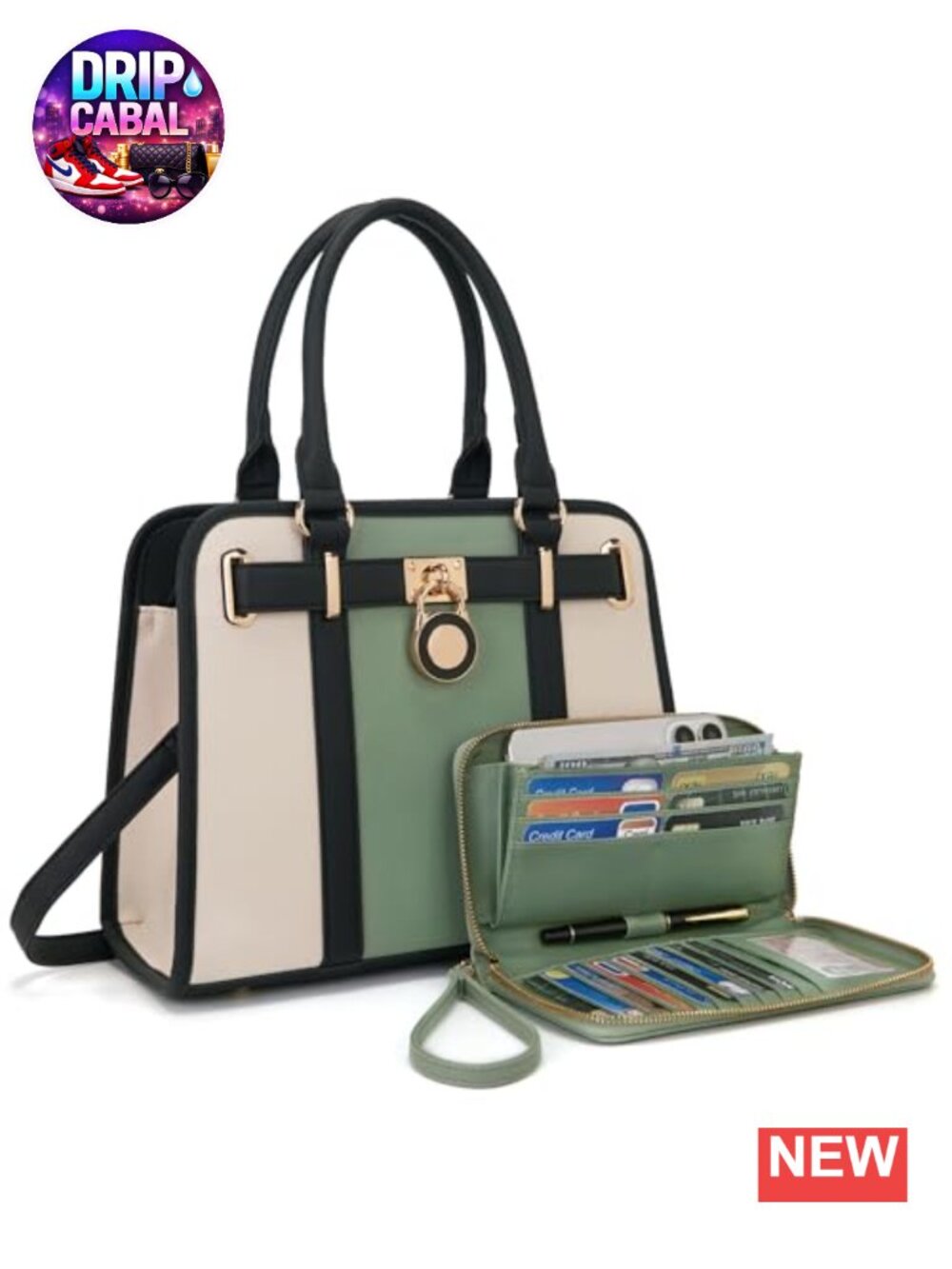 Vegan Leather Structured Satchel Tote Handbag Set with RFID Wallet Clutch - Picture 1 of 4